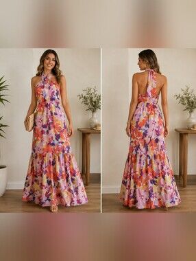 Halter Floral Maxi Dress in Pink, Orange & Purple Size 14